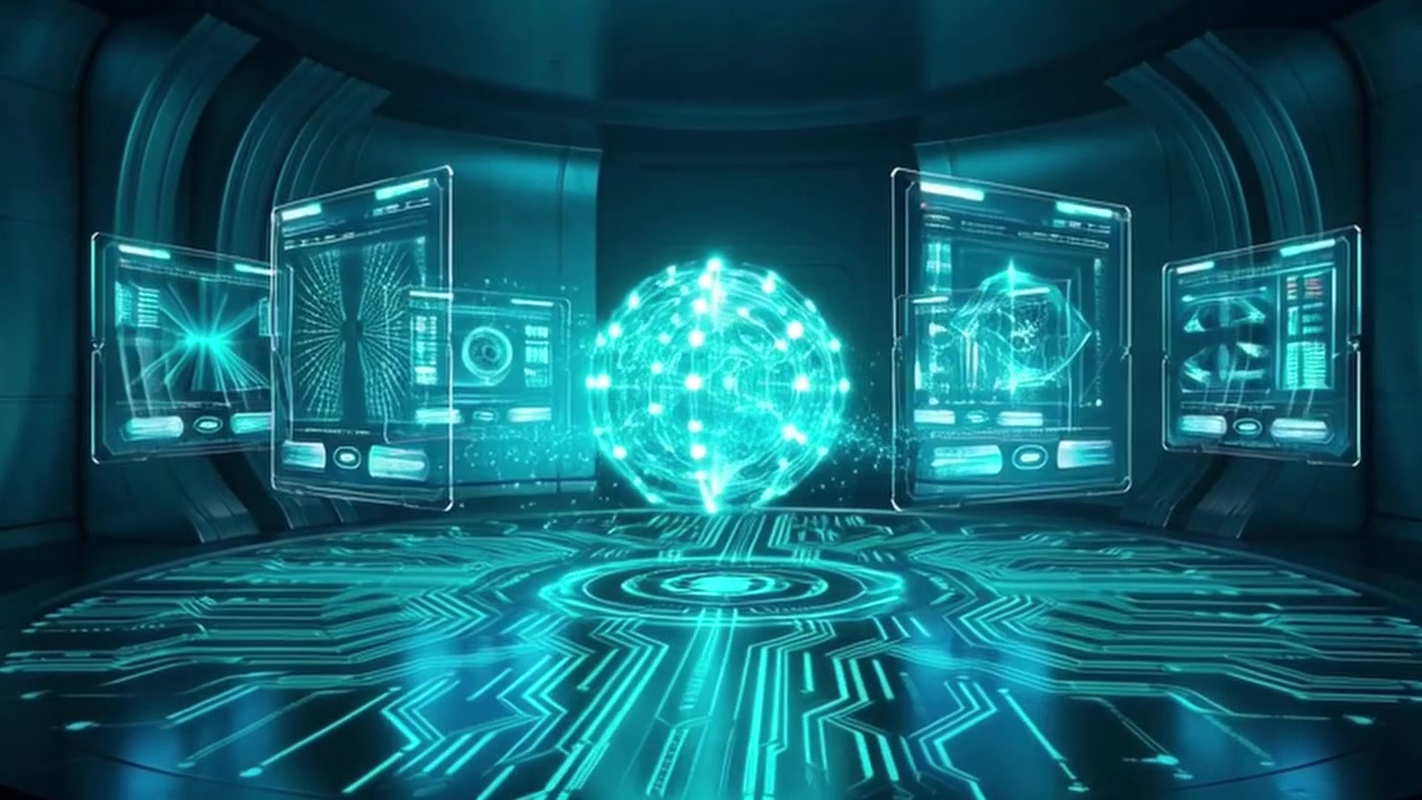 Futuristic Digital Control Room with Glowing Data Sphere and Holographic Interfaces