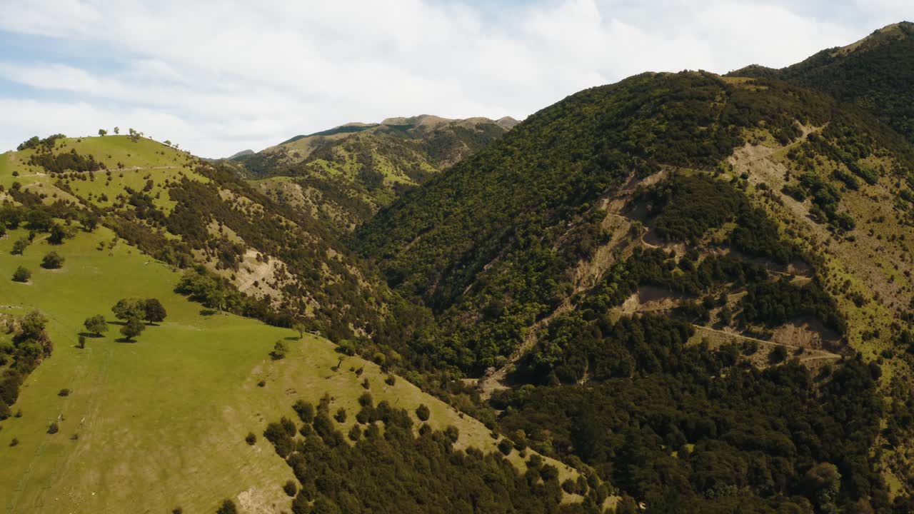 Filmato con drone di colline e foreste con strade in salita.