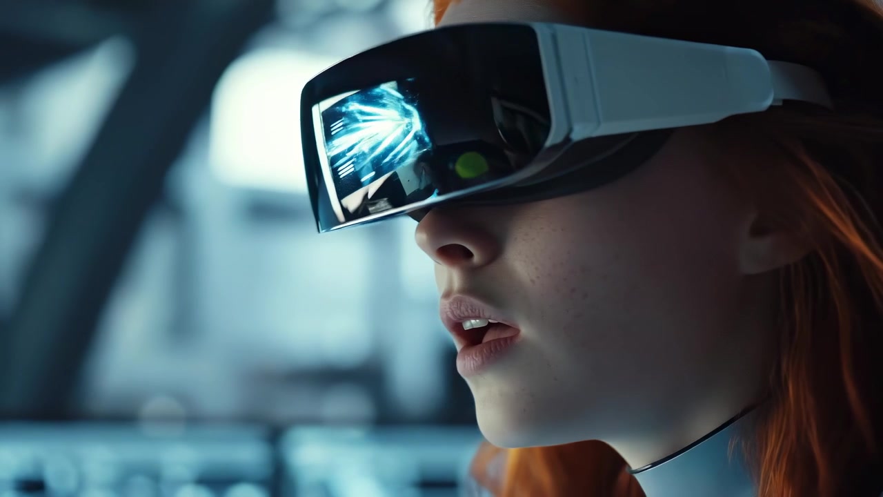 Young Woman Using Virtual Reality Headset in Futuristic Workspace