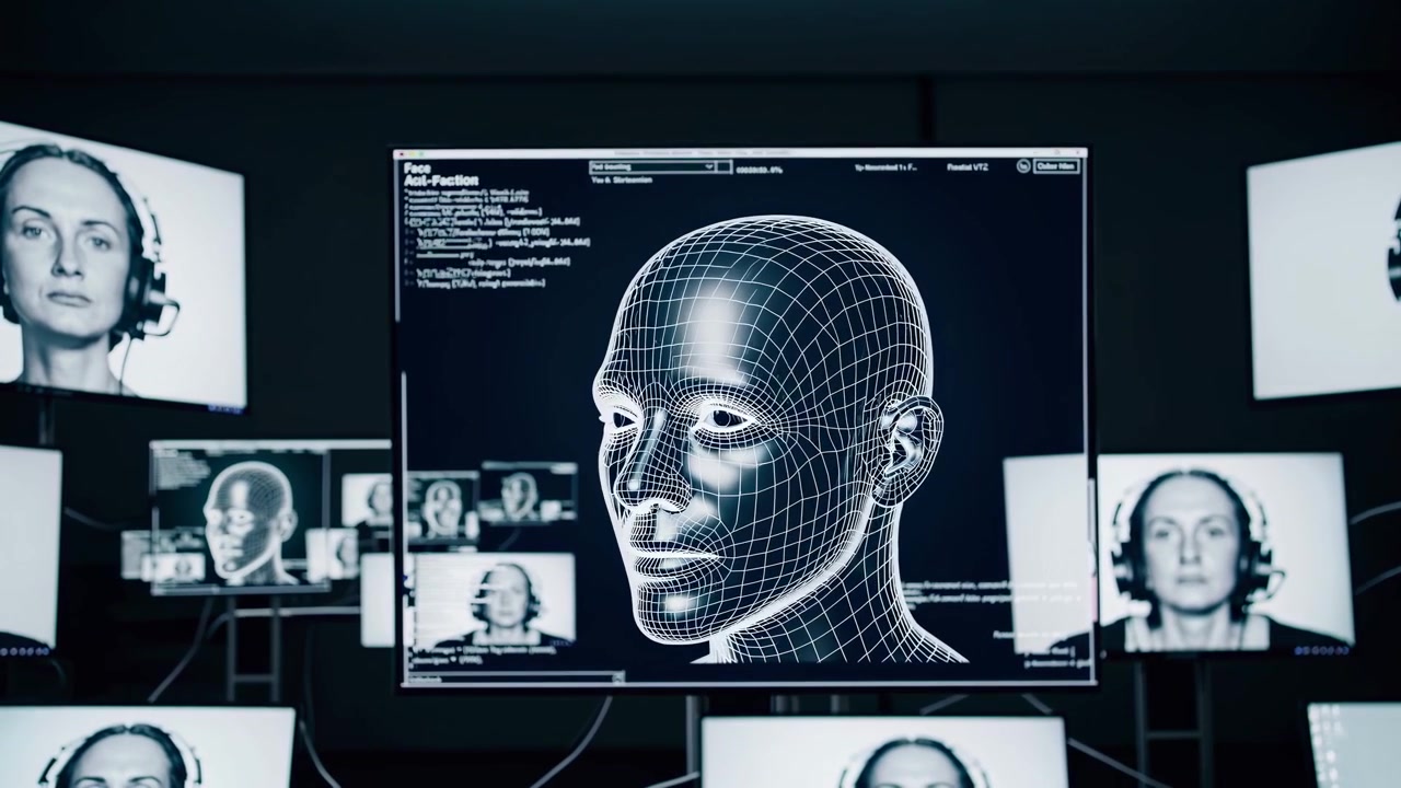 Artificial Intelligence Analyzing Human Face with 3D Wireframe Model