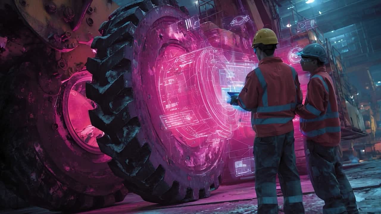 Engineers analyze machinery data in a modern industrial facility