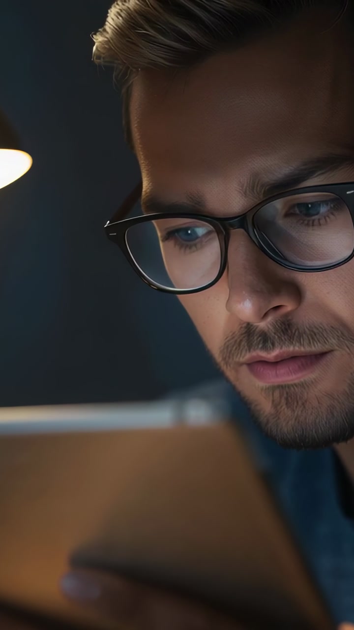 Vertical video: Reading man wearing glasses, dark shirt scanning glowing tablet at desk under lamp