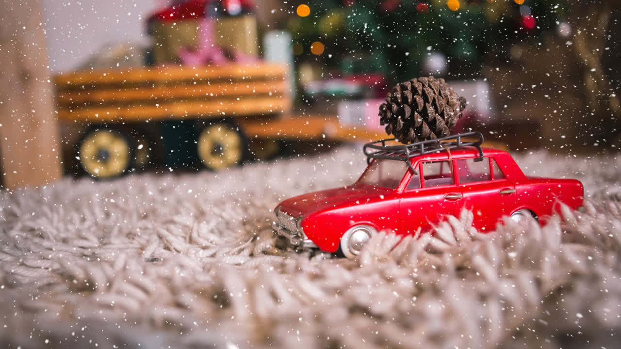 Nieve cayendo con decoración de coche navideña