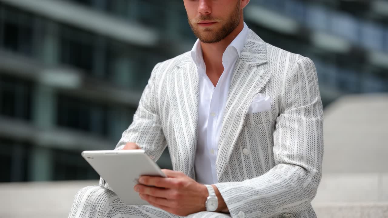 Stylishly Dressed Man in a Striped Suit Engages with a Tablet While Sitting in an Urban Setting, Capturing a Moment of Modern Sophistication