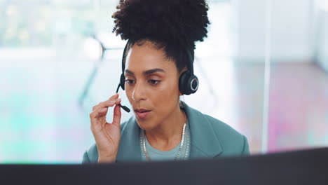 contact us, crm or black woman in a call center
