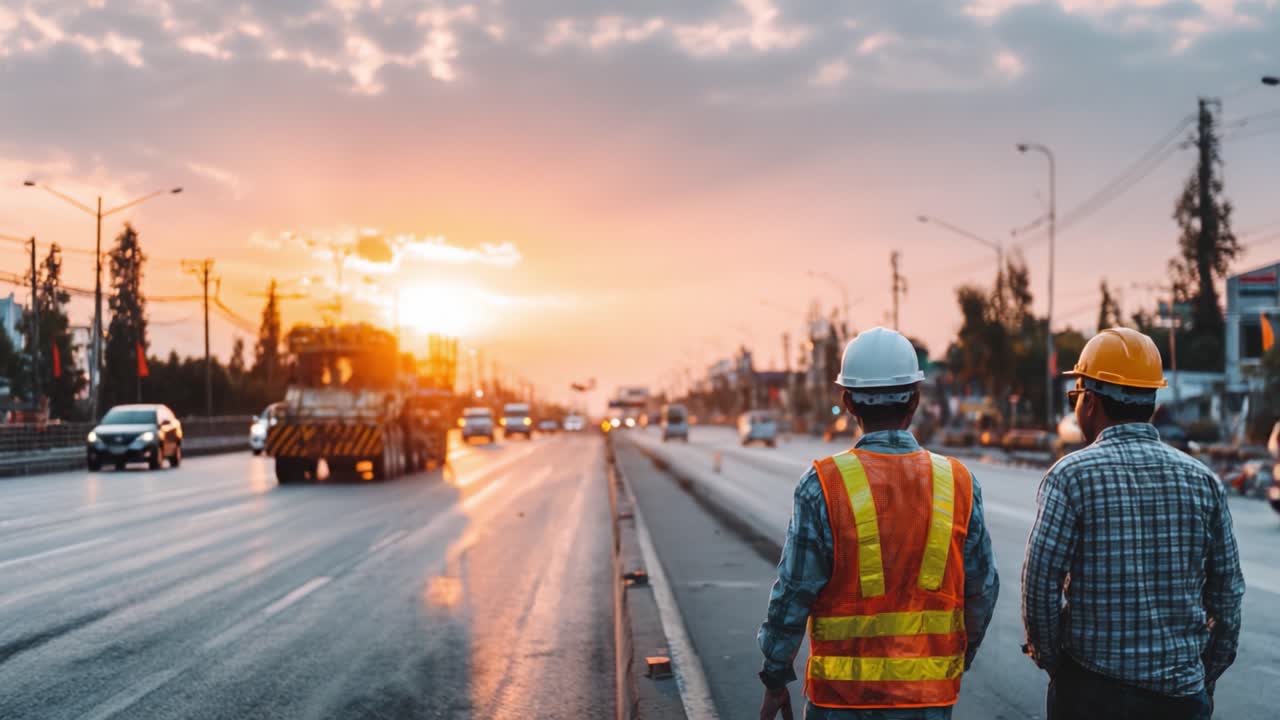 Construction Workers Observing Sunset on an Urban Highway Amidst Traffic and Machinery: A Captivating Moment of Progress and Nature's Beauty