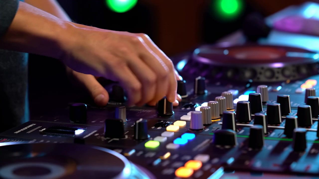 Primo piano mani DJ che mixano tracce su mixer illuminato con pulsanti colorati e fader luminosi, piatto in vinile