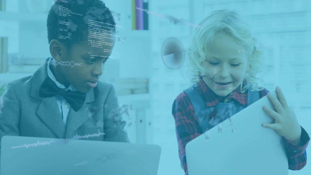 Boy watching laptop, girl angling laptop to him, him leaning in for learning, overlay showing code