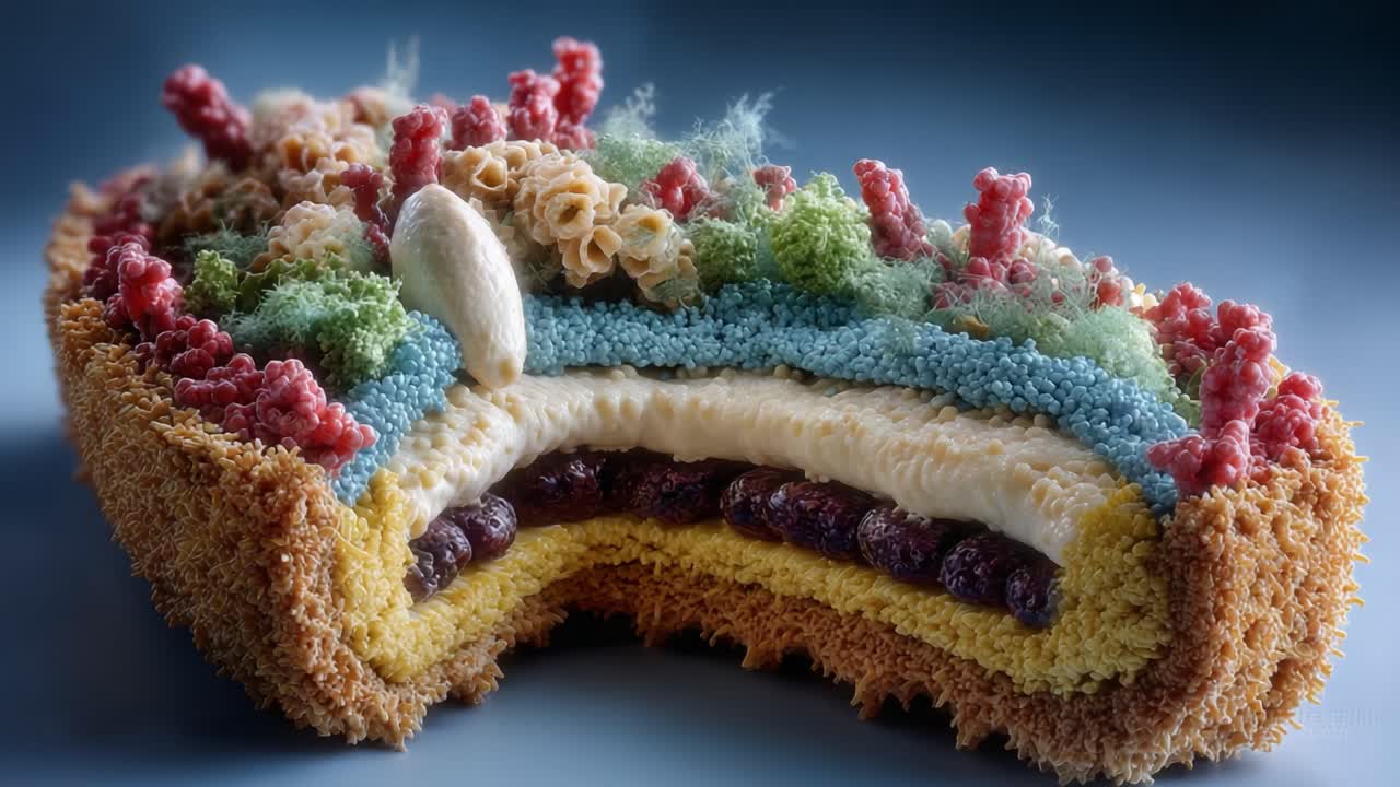 A Vibrant and Textured Dessert: A Close-Up of an Elaborately Layered Sweet Treat Showcasing Colorful and Unique Ingredients for a Stunning Visual Experience
