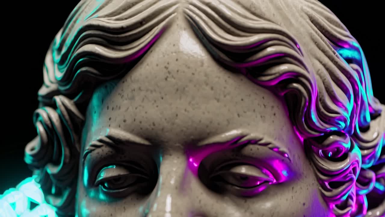 escultura de cabeza antigua con luces de neón