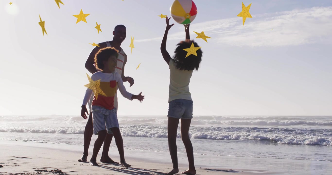 Dad and kids retrieving tossed beach ball on shore animated yellow stars appearing for travel ad