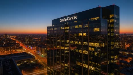 modern skyscraper illuminated at dusk in a cityscape