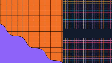 animación de cuadrículas negras y multicolores con forma púrpura sobre fondos naranjas y negros