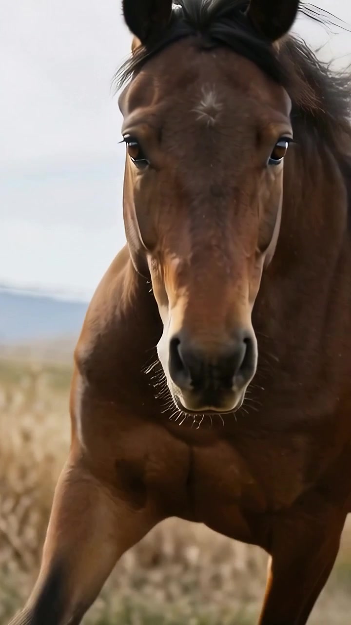 Video verticale: Cavallo marrone che cammina si avvicina alla telecamera da un sentiero sterrato in un pascolo, criniera.