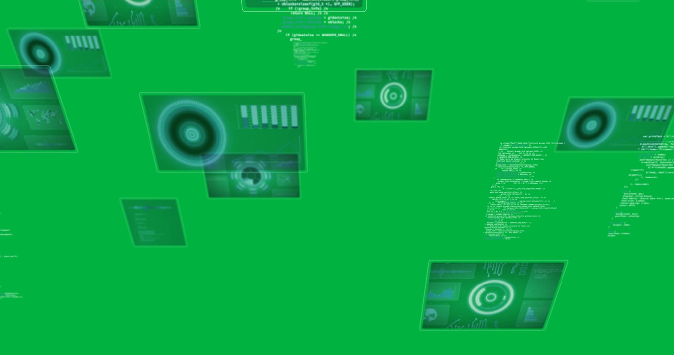 Digital Data Interface Screens Floating on Green Screen Background