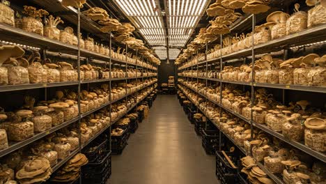 exploring a vast indoor mushroom cultivation facility: an abundant display of fungi in shelves ready for harvest