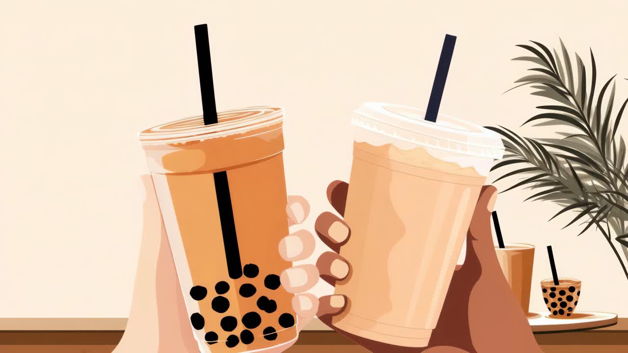 Ilustrasi dua tangan memegang cangkir bubble tea, dilihat dari sudut rendah