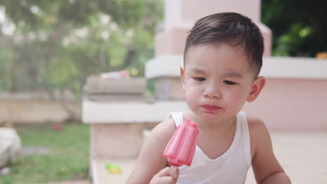 Shallow-depth-of-field-video-of-a-cute-Asian-boy-eating-and-enjoying-a-strawberry-red-popsicle-ice-cream-In-his-house-backyard