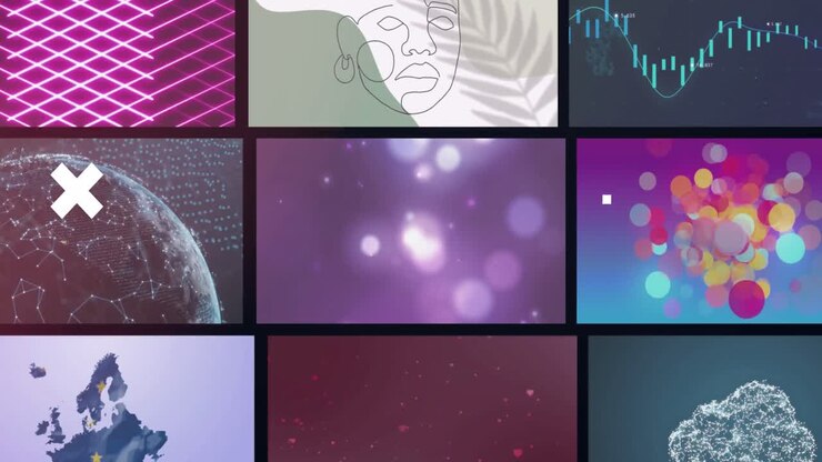 Animation of white crosses over multiple screens of communication technology and abstract clips