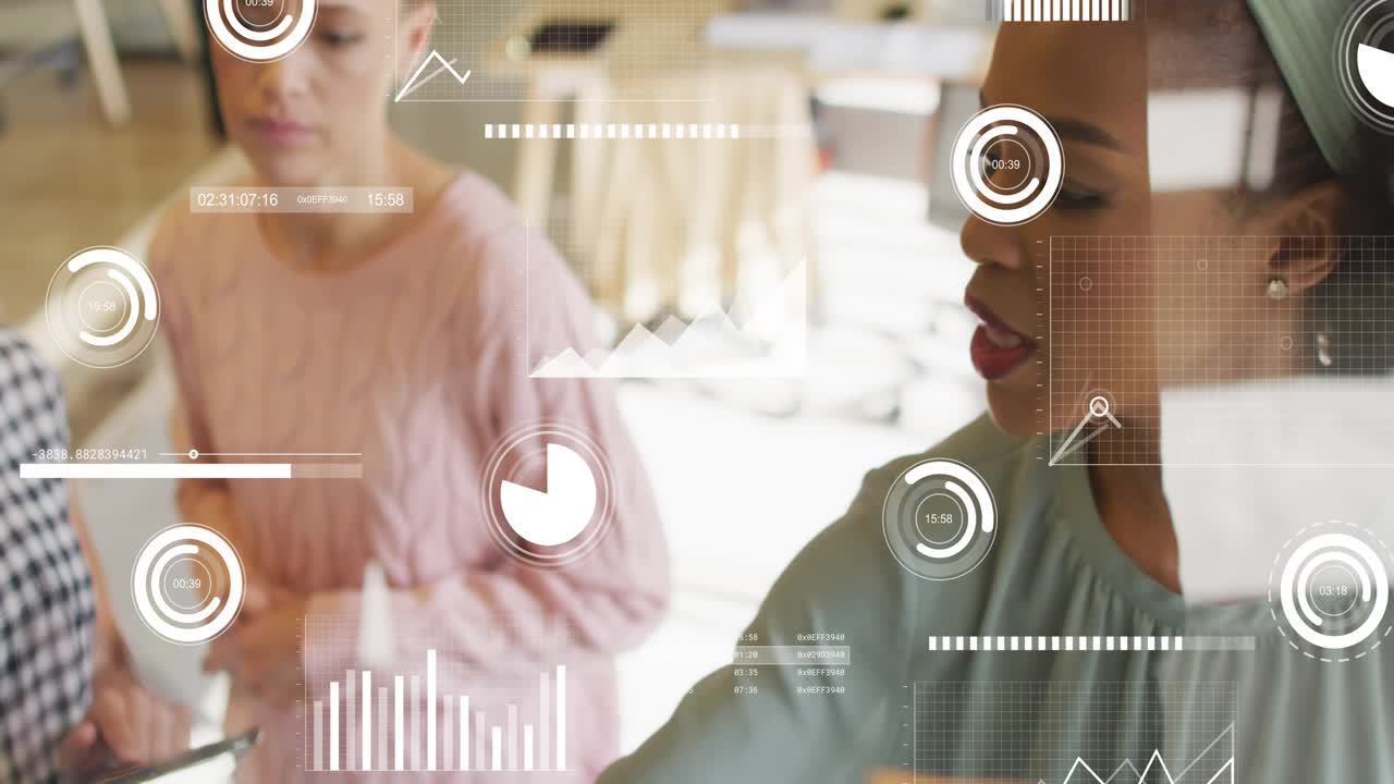 Team lead bringing yellow sticky note toward glass board in business planning, HUD charts growing