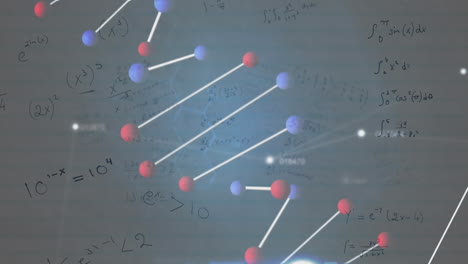 animación de cadenas de adn y números cambiantes, procesamiento de datos médicos en fondo gris