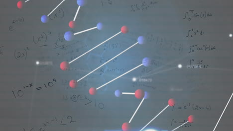 animation of dna strand and numbers changing, medical data processing on grey background