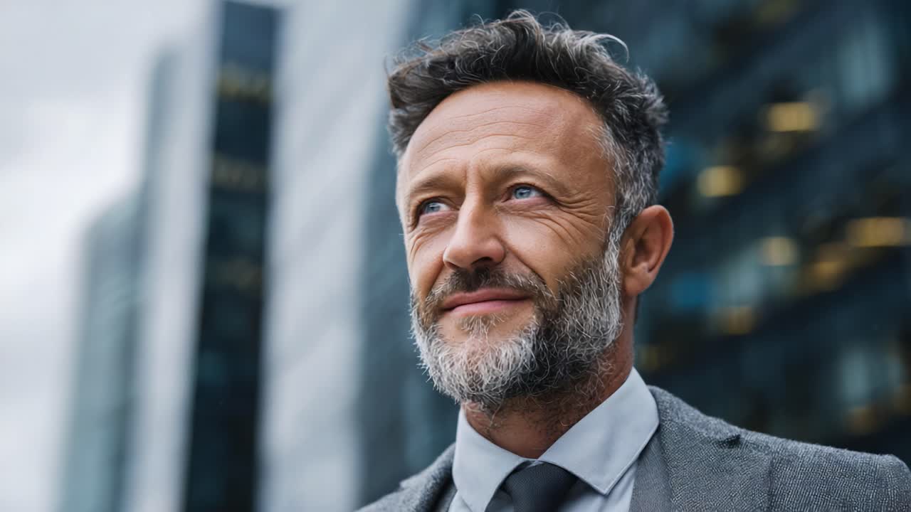 Confident Businessman Poses Outside Modern Office Building, Emphasizing Professionalism and Determination Against a Stylish Urban Backdrop
