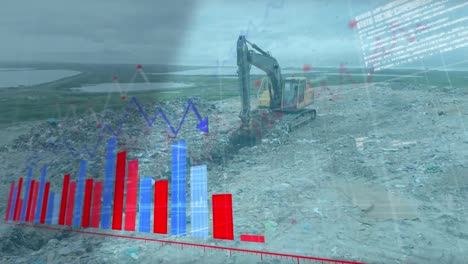 animación del procesamiento de datos financieros sobre una excavadora en un vertedero de basura