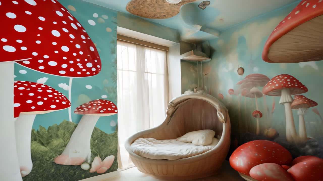 Whimsical bedroom interior featuring oversized mushroom wall art, woven wicker cradle bed highlighting imaginative childhood dreaming space with playful design elements