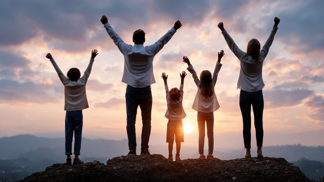 A Joyful Family Celebration as They Stand Together on a Hilltop, Raising Their Arms Triumphantly Against a Stunning Sunset Backdrop