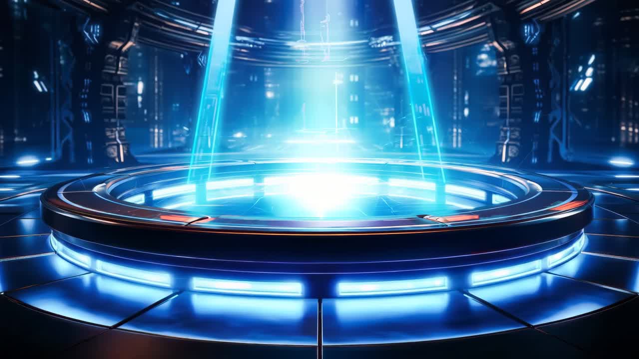 그 중간에 푸른 불빛이 있는 미래의 우주 정거장