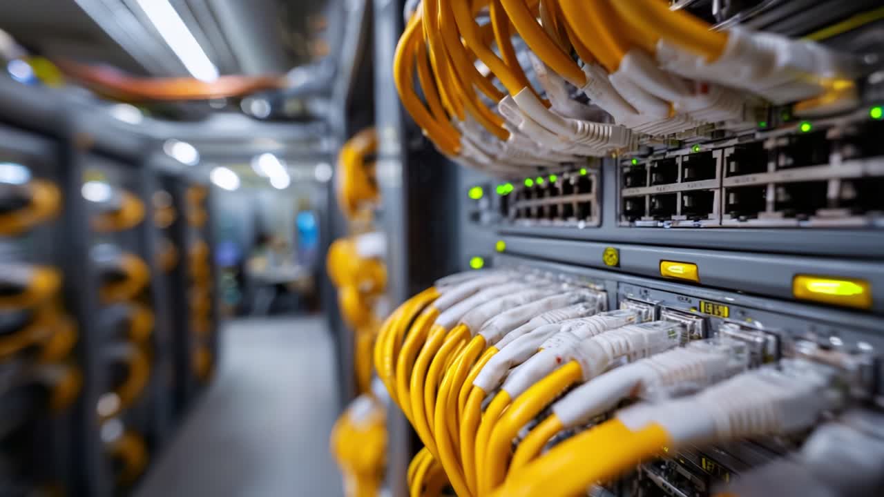A Detailed View of Network Cables Connected to Data Switches Within a Server Room, Highlighting Technology and Connectivity in Modern Infrastructure