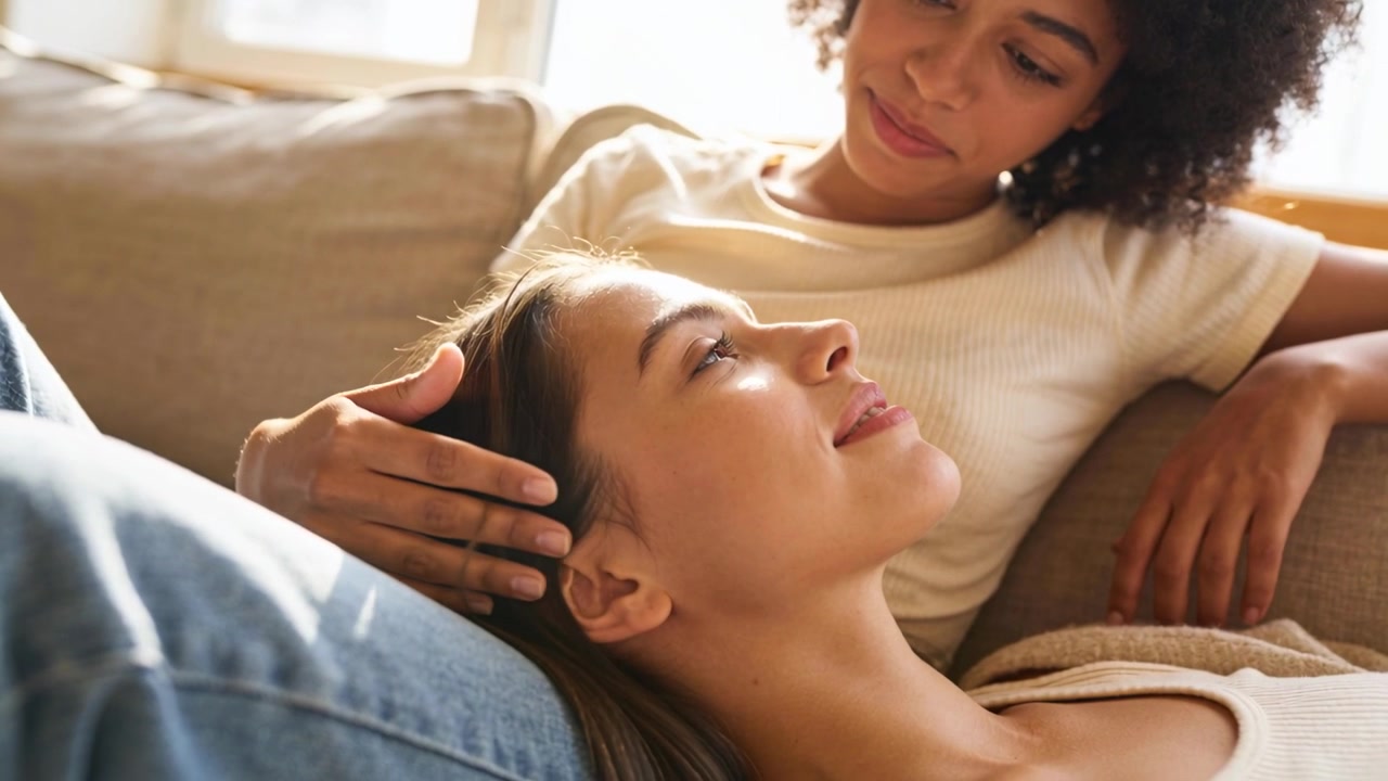 Lying woman on partner's lap, partner stroking hair, comforting on sofa wearing jeans
