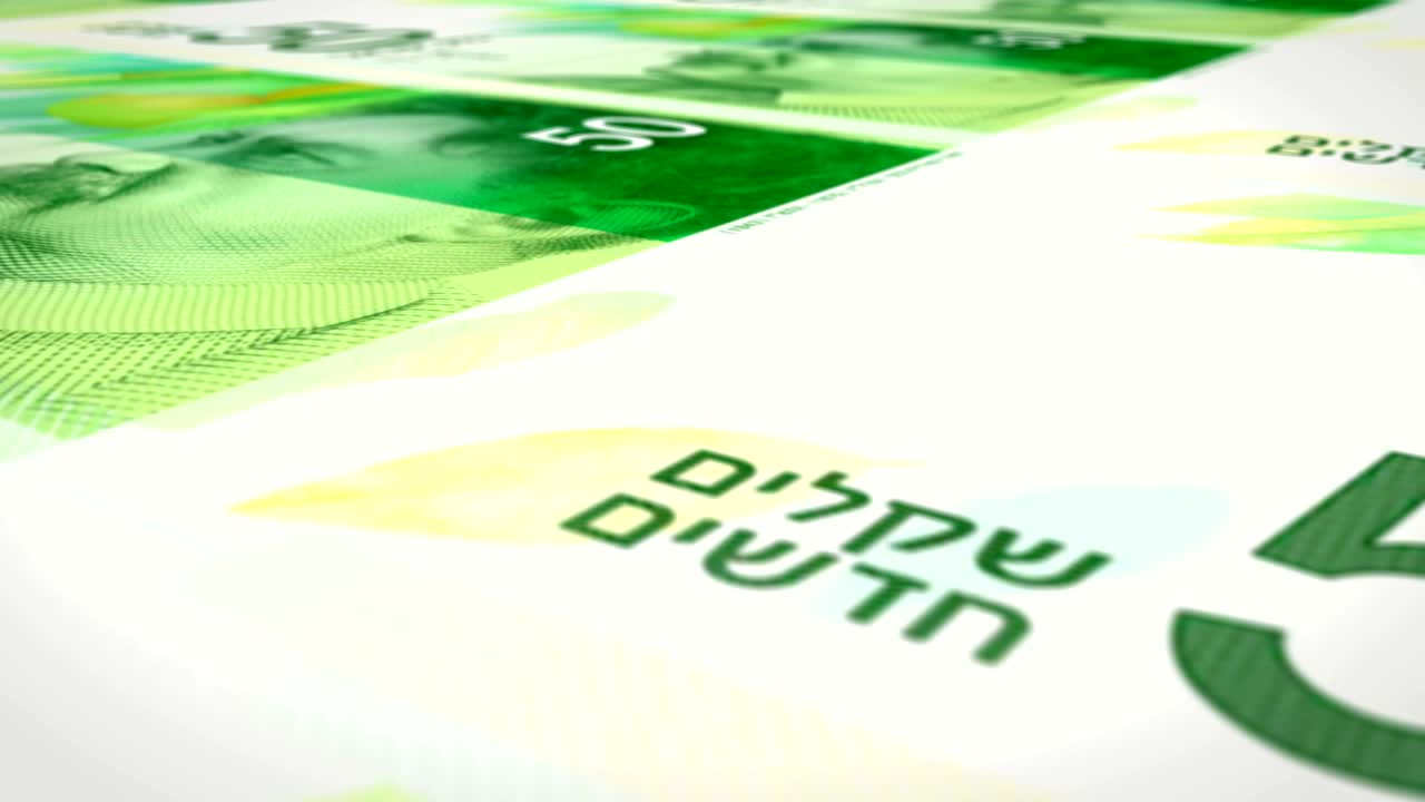 50 이스라엘 셰의 지폐가 스크린에 굴러, 현금, 루프