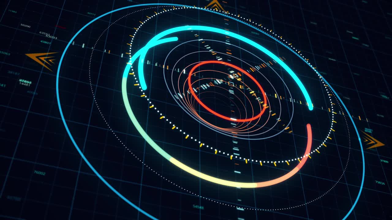 스파이 스타일의 원을 가진 추상적인 애니메이션, 컴퓨터 그래픽, 미래의 스타일의 스트로크의 원, 과학 컴퓨터 그래픽의 네온 테크노 원