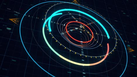 abstract animation with circles in spy style. animation. computer graphics circles of strokes in futuristic style. neon techno circles in scientific computer graphics