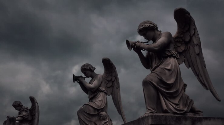 Angels playing trumpets statues and stormy skies from the book of revelations in the bible