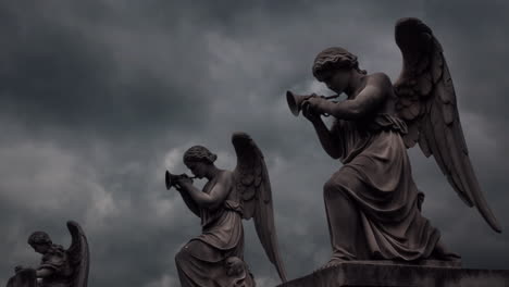 angels playing trumpets statues and stormy skies from the book of revelations in the bible