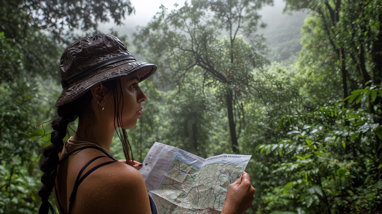 Adventurous young woman hiking alone through a lush misty rainforest, holding a detailed paper map and wearing a hat as she navigates the dense green jungle in humid, rainy weather