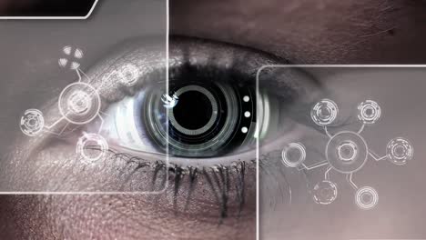 animation of medical structure rotating in display over woman with digital scanning eyeball