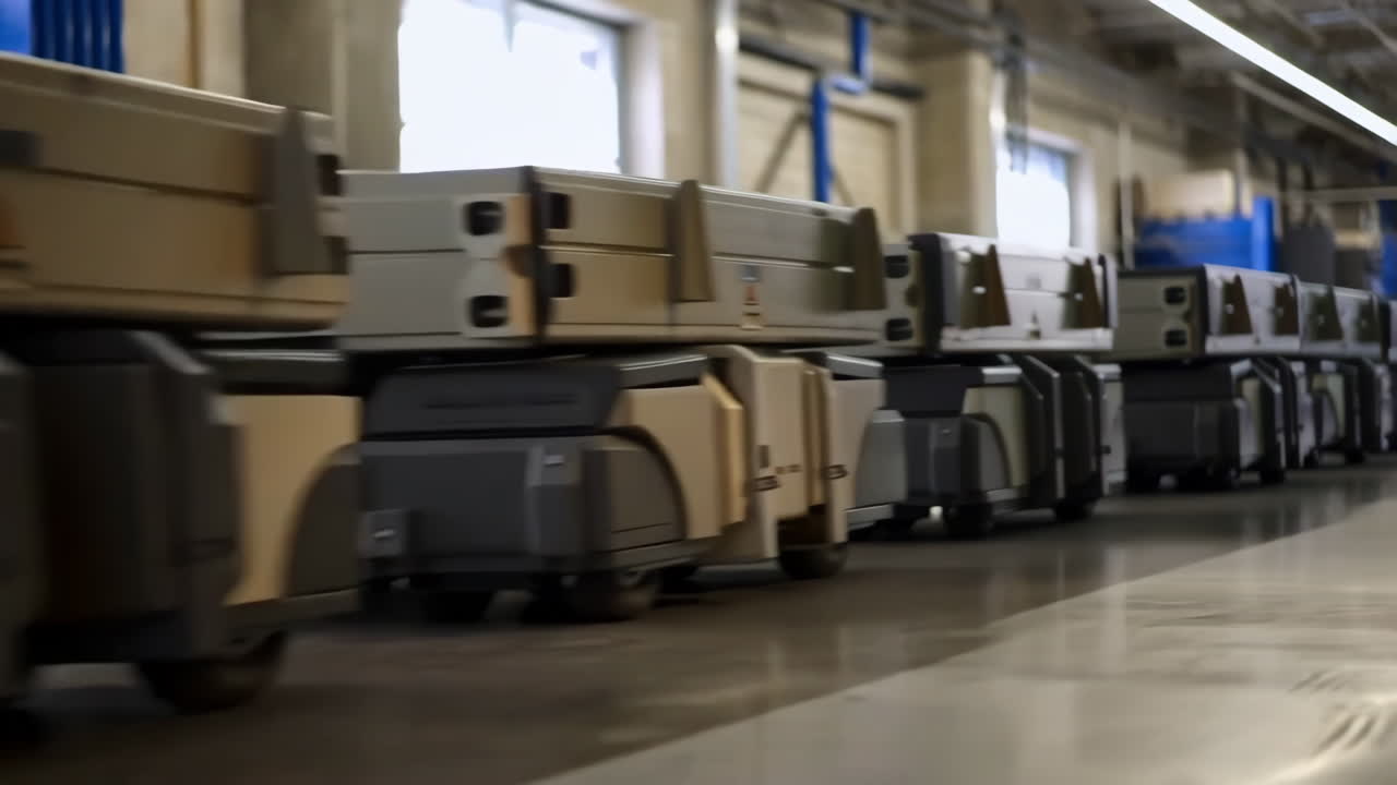 Automated Guided Vehicles Moving Packages in a Modern Factory