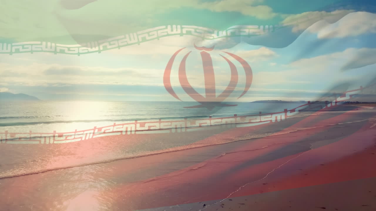 イランの旗が海景にたなびくアニメーション