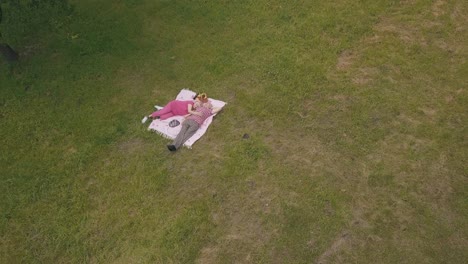 Family-weekend-picnic-in-park.-Aerial-view.-Senior-old-couple-lie-on-blanket-on-green-grass-meadow