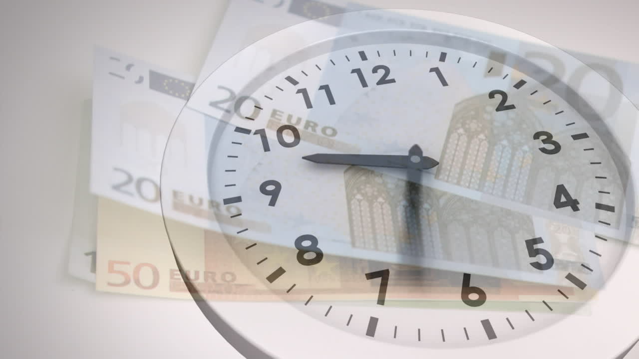Animation of clock ticking over euro currency