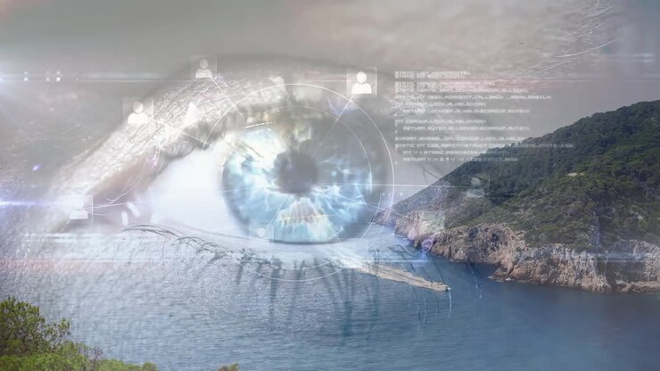 Biometric data animation overlaying human eye with coastal landscape in background