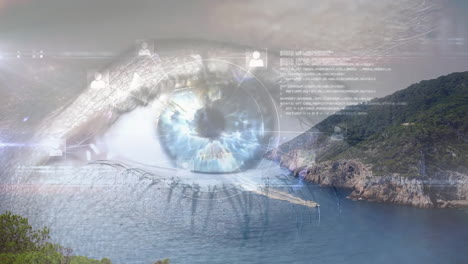 biometric data animation overlaying human eye with coastal landscape in background