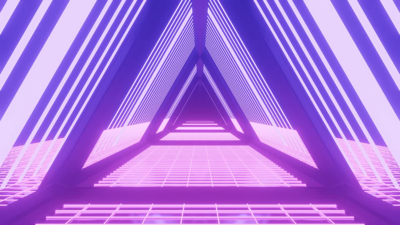 Sfondo in loop di tunnel triangolare 3D in movimento, sfondo sci-fi cyberpunk retrò anni '80, sfondo retrò anni '80. Concetto artistico Vaporwave, luce del tunnel, animazione in loop a risoluzione 4K. Illuminazione moderna e colorata