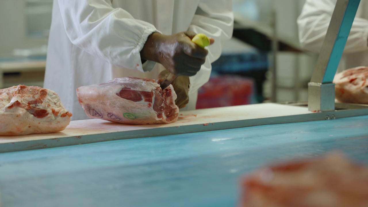 Gloved hands in a white coat trim a large joint on a blue-and-white cutting bench in an industrial butchery.