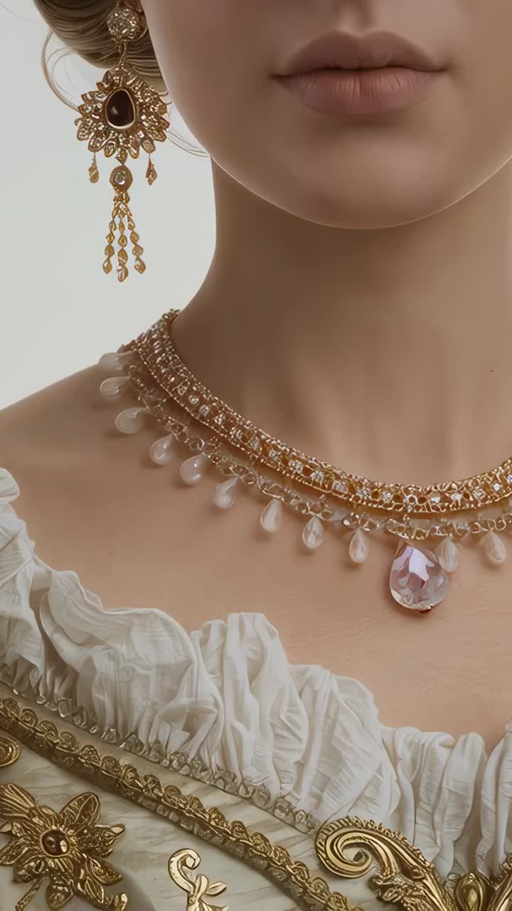 Vertical video: Panning camera showing ruffled bodice, gold chain and earring on woman in studio