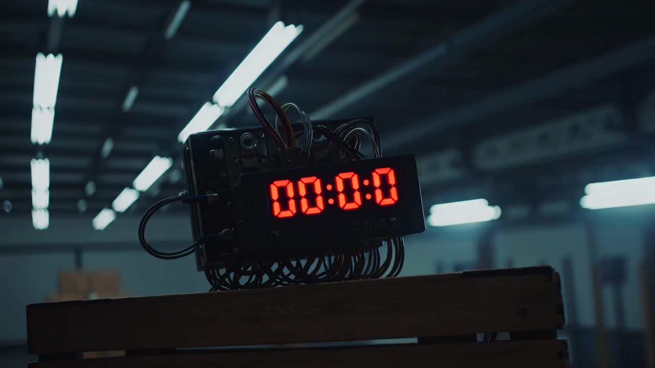 A low-angle shot of a digital timer at zero, set in a dimly lit industrial space